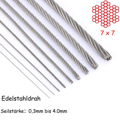 Edelstahl Drahtseil V2A 0,5mm - 4mm Stärke INOX 304 Rostfrei Seil 7x7 Stahlseil