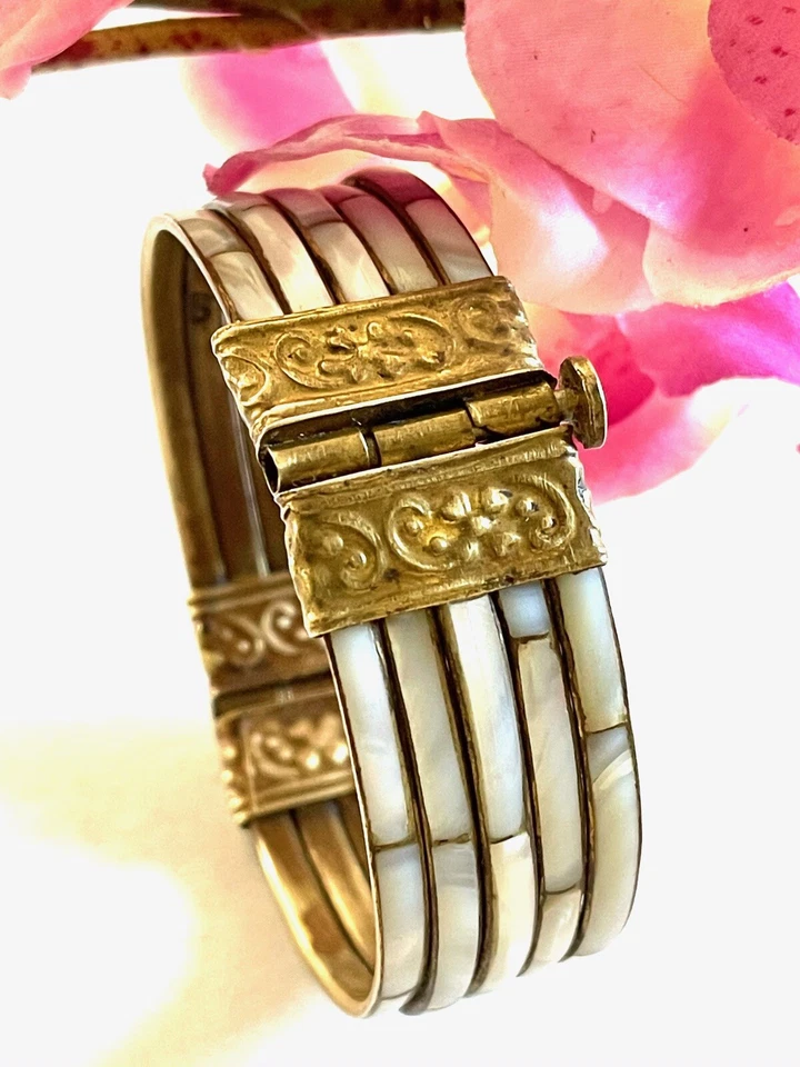 Mother Of Pearl Brass Hinged Bangle  India  Bohemian Tribal Ethnic 70s Bohemian - Image 3 of 4