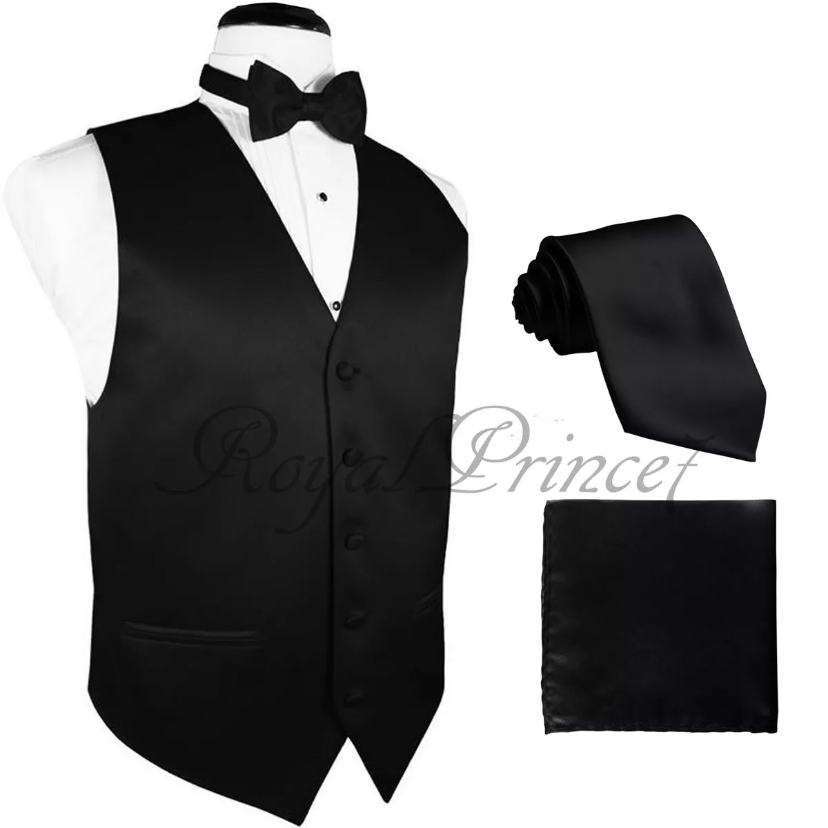 BLACK Solid Tuxedo Suit Vest Waistcoat and Neck tie, Bowtie Hankie Set  Wedding | eBay