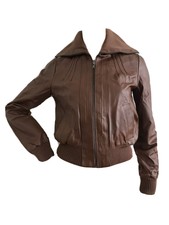 Retro 70's Style Tan Brown Leather Bomber Jacket Uk 10 Eu 38 Us 6 Small Bnwt