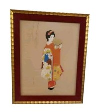Vintage Japanese Geisha Artwork On Fabric, Vibrant Hand-painted Kimono