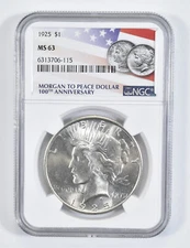 1925 MS63 MS 63 Peace Silver Dollar NGC Flag 2021 100th Ann Label