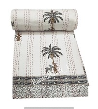 Palm Tree Printed Kantha Quilt Indian King Size Bedspread Bedding Cotton Throw