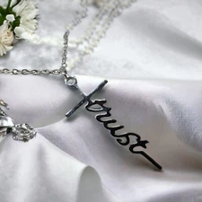 Cross Trust Script Stainless Steel Christian Necklace Pendant Religious Jewelry