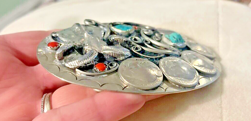 Vinatge Native Silver Nickle Ram & Buffalo Nickels, Turquoise & Coral Buckle - Picture 6 of 19