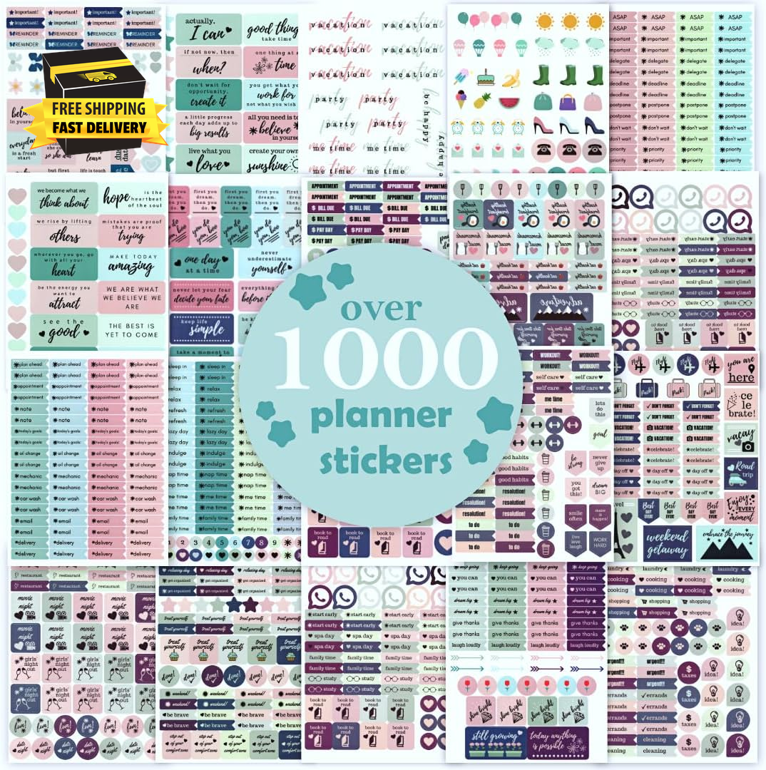 Planner Stickers - Set of over 1,000 Planner Stickers - 20 Sheets of Colorful St-image