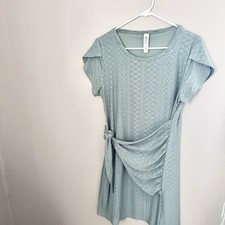 Above Knee Eyelet Dress Wrap Waist A Line Short Sleeve Womens Size Large Green L