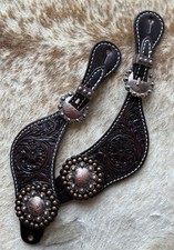 Ladies Floral Tooled Top Grain Dark Brown Leather Western Pair Spur Straps