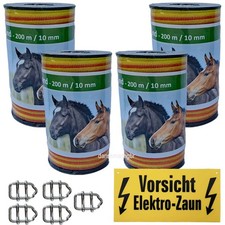 Weidezaunband 10 mm  4 Niro +5 Verbinder+1 Warnschild  800 Meter gelb-orange