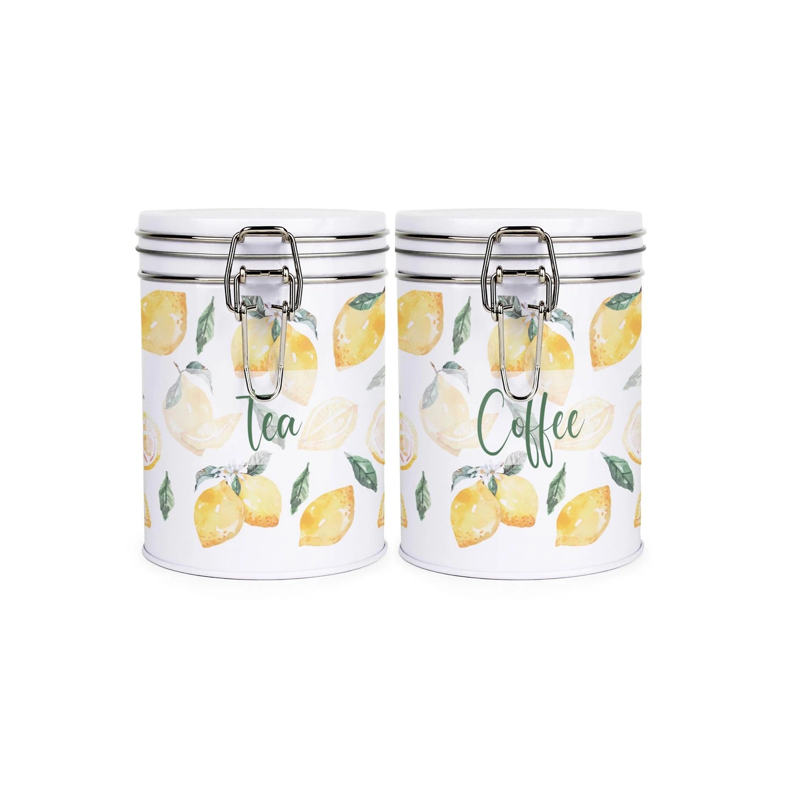 Lemon Print Tea & Coffee Canisters - Stylish Metal Clip-Lid Kitchen Storage Gift