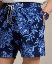Polo Ralph Lauren Blue TROPICAL SEERSUCKER Traveller Swim Trunks Bathing Suit