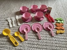 Vintage Fisher Price Fun With Food Pink Tea Cup Saucer Utensils Spoon Fork Lot