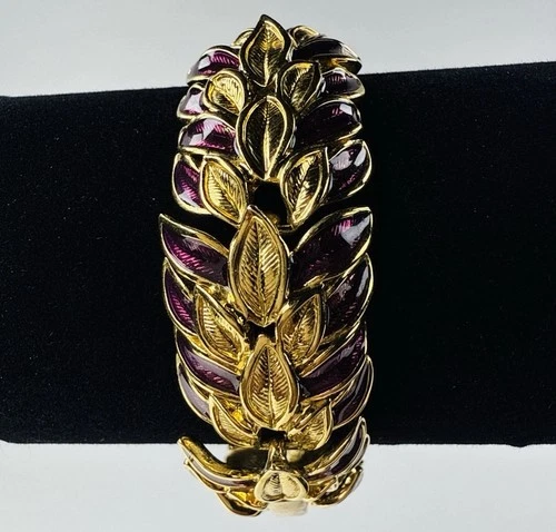 Vintage TRIFARI TM Purple Enamel Leaf Pattern Bracelet 7” Gold Tone  Jewelry