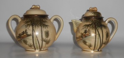Nishida Japan Porcelain China 22k Yellow Black Bamboo Oversize Creamer/Sugar Set