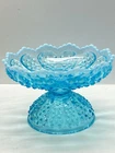 Beautiful Lg. Blue Opalescent FENTON CANDLE HOLDER BOWL Hobnail w/ ruffled edge