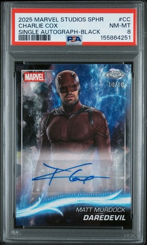 2025 Topps Chrome Marvel Charlie Cox Daredevil Black Sapphire Auto /10 PSA 8