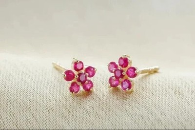 1.50Ct Round Cut Simulated Pink Ruby Flower Stud Earrings 14K Yellow Gold Plated