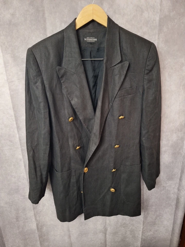 J Peterman Linen Blazer Womens Sz XL Double Breasted Black Gold Buttons Preppy - Image 2 of 4