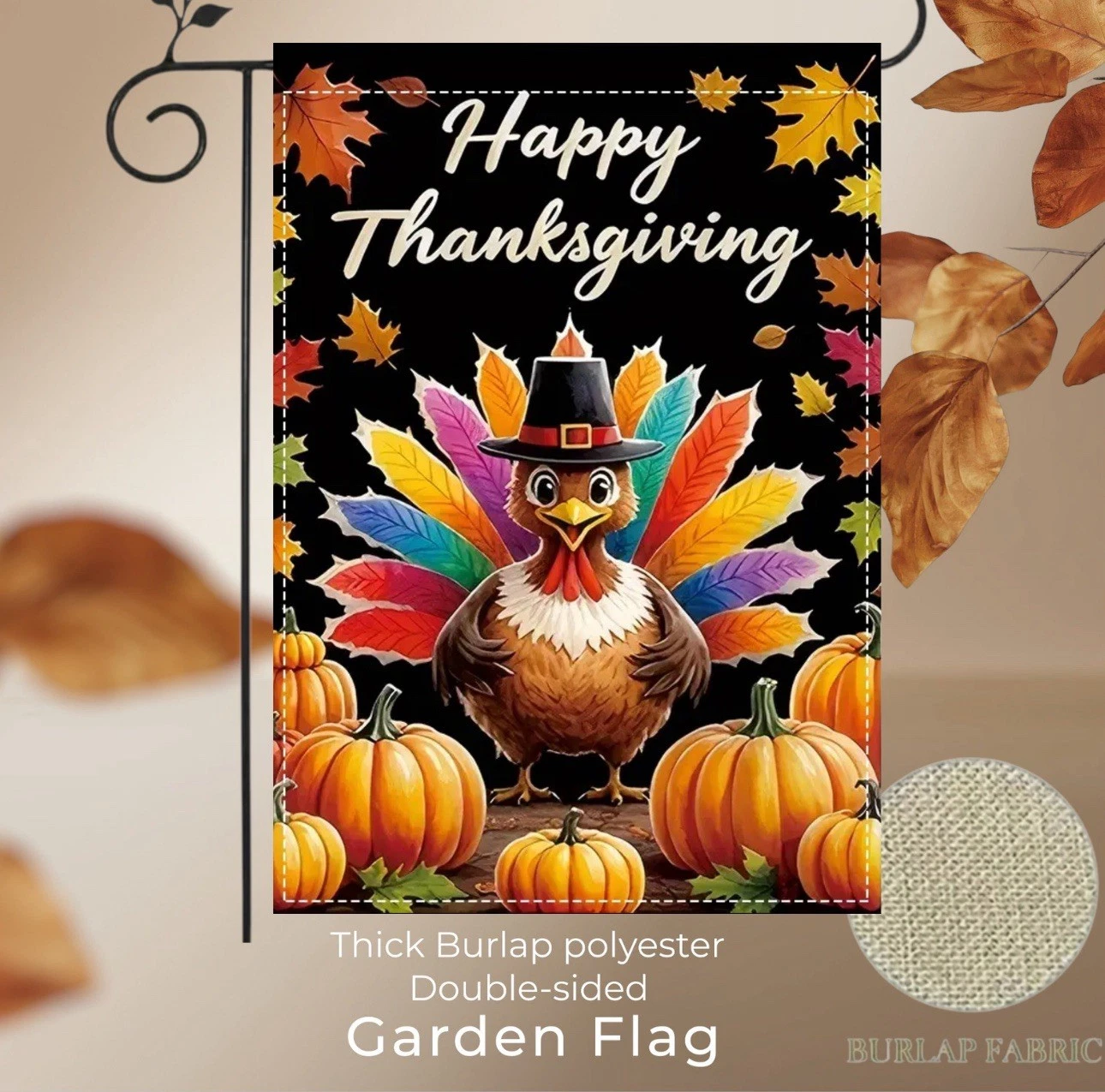 Garden Flag, 12”x18”, Thanksgiving Turkey, Thick Burlap Double-sided