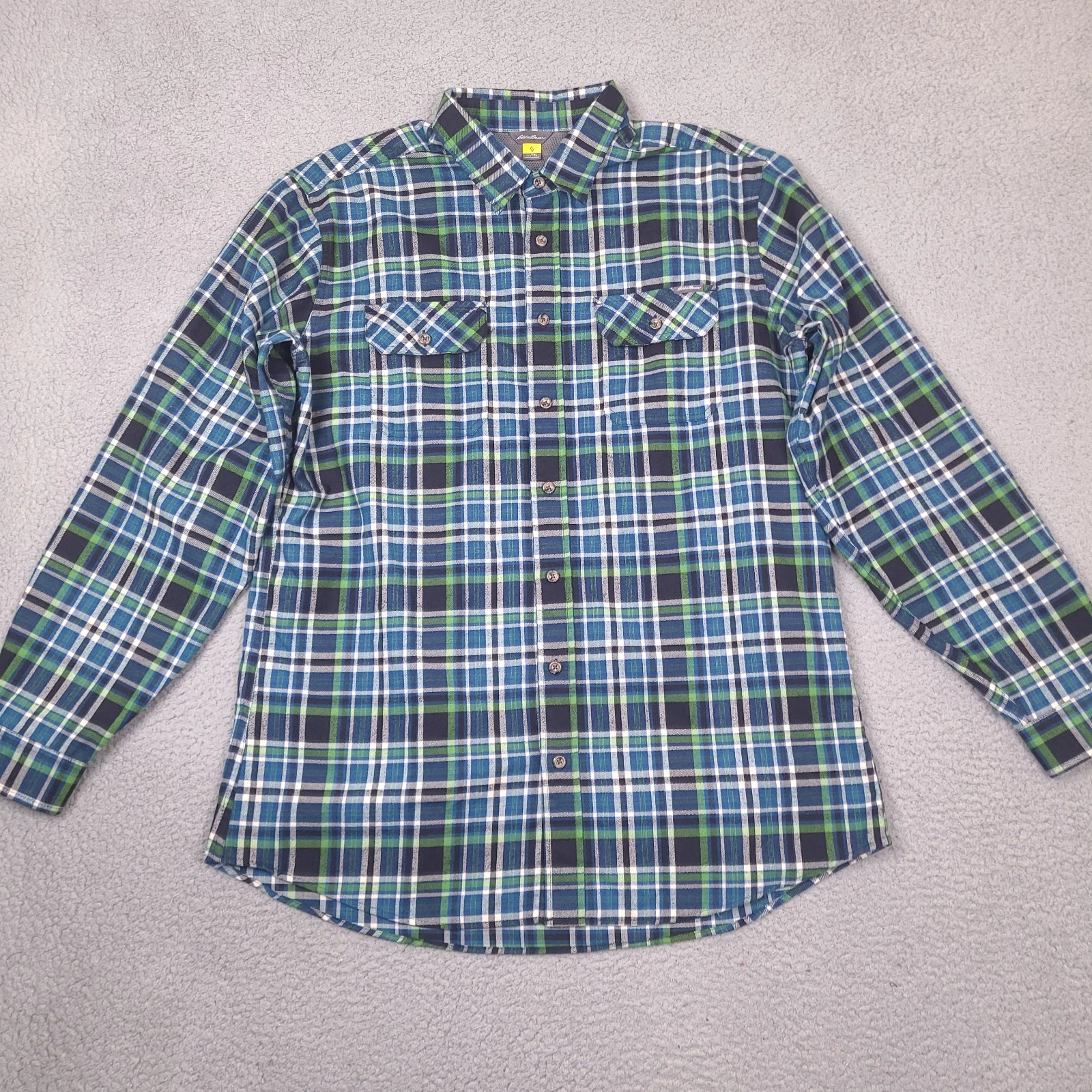 Eddie Bauer Shirt Mens XLT Blue Green Plaid Hiking Gorpcore Outdoor Pockets