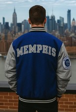 Men's Memphis Tigers Letterman Blue  Varsity Jacket With Real Leather Sleeve
