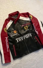 Ferrari Racing Leather Jacket Vintage style F1 Logo white Racing Leather Jacket