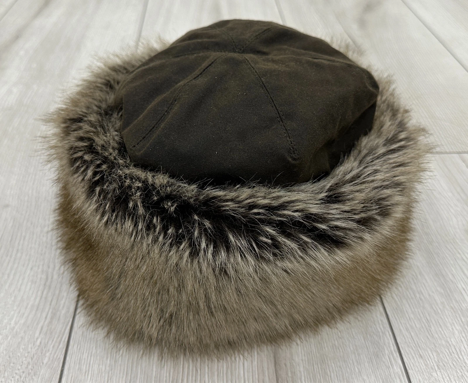 Barbour Ambush Hat In Navy waxed cotton, faux fur trim & fleece lined Size M