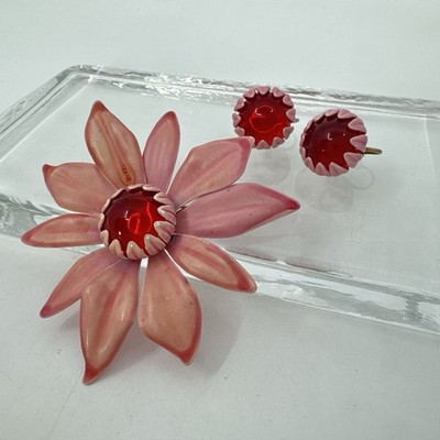 Vintage Pink Enamel Flower Brooch Red Glass Cabochon Center Clip Earring Set  60
