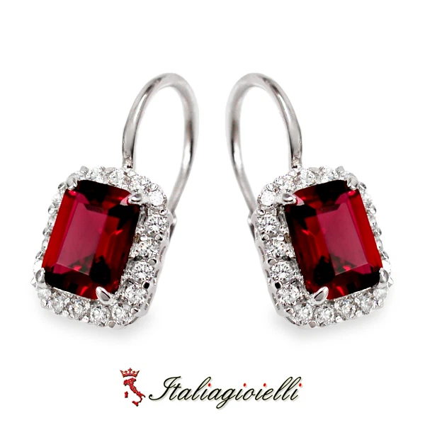Sontuosi Orecchini Rubino Brillanti in Argento 925 Rodiato Oro Bianco - Immagine 4 di 4