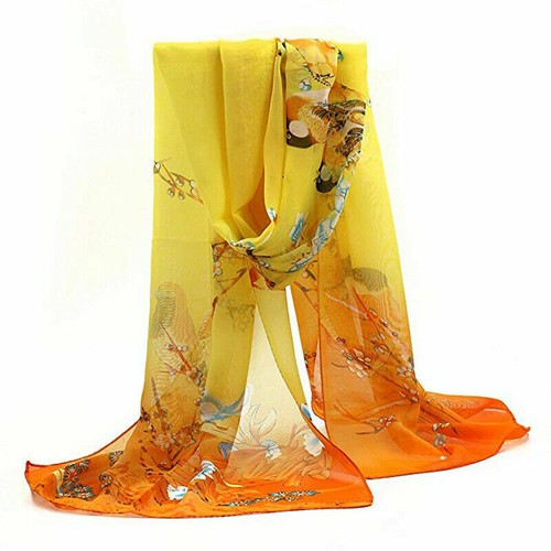 Women Light Silky Feel Florals & Birds Print Org Neck Shawl Scarf. Size 19"/60"