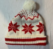 Fair Isle Knit Winter Hat Pom Pom Beanie OS Snowflake White Red Exc Cond