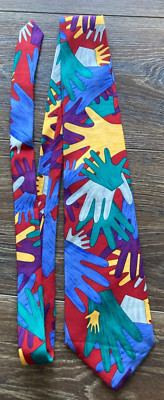 A VINTAGE MENS SILK NECKTIE SAVE THE CHILDREN HELPING HANDS MAKE USA COLORFUL EX