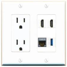 CAT7 2 HD USB-3 Port Wall Plate w/Power Outlet White