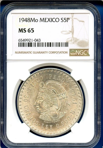 1948 Mo Mexico NGC MS65 Silver 5 Pesos S5P Cinco Pesos Cuauhtemoc MS-65