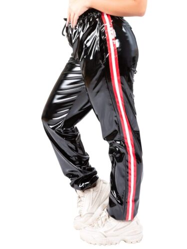 Honour Shiny PVC Tracksuit Trousers in Black with Red Strip - Picture 2 of 12