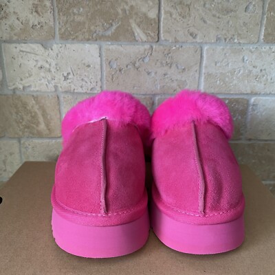 UGG DISQUETTE TAFFY PINK SUEDE FUR SLIDE PLATFORM SLIPPER