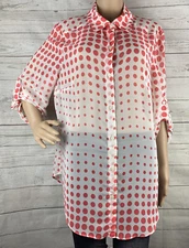 I.N. Studio Blouse XL Sheer White Pink Polka Dot Roll Tab Sleeves Casual Shirt