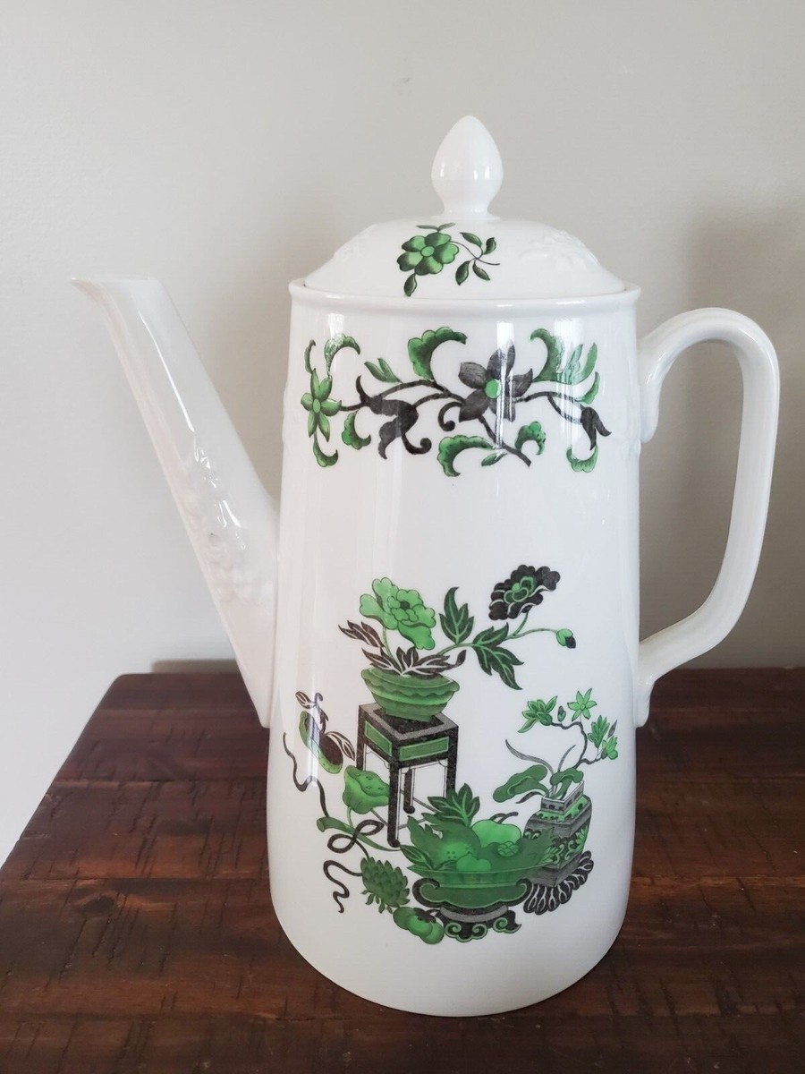 Spode Copeland Wellington England China Oriental Green Plant Pattern Coffee  Pot