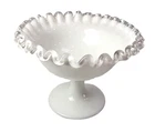 Vintage Fenton White Milk Glass Silver Crest Crimped Edge Pedestal Compote Dish