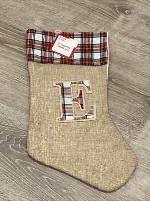 NEW Letter ''E'' Felt Monogram on Brown Burlap Stocking Initial 16'' Holiday Style