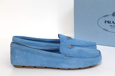 sz 10.5 / 41 PRADA Triangle Logo Blue Suede Loafer Slip on Flat Women's Shoes