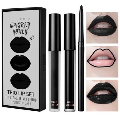 LOPHE Schwarz Matte Lippenstift, 3 in 1 Lippenstift Matt mit Lip Gloss LipLiner