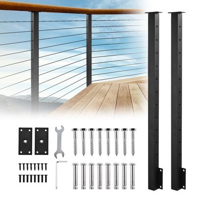 4 Pack Side Mount Stair Cable Railing Post 44''x2''x2'' Level Drilled Post Black