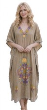 URFA Kaftan Dress Crinkle Cotton Floral Embroidery DAL SERIES V-Neck Women's 2XL