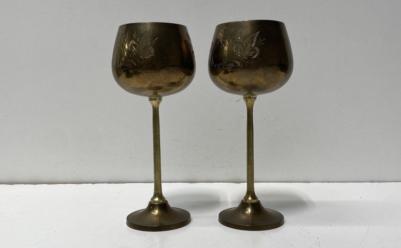 Brass Goblet Pair Engraved Floral Bird Design Drinkware Made In India Set