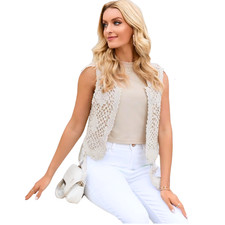 Cottagecore Vest Size M Cream Tan Crochet Floral Daisies Hippie Boho Vanilla