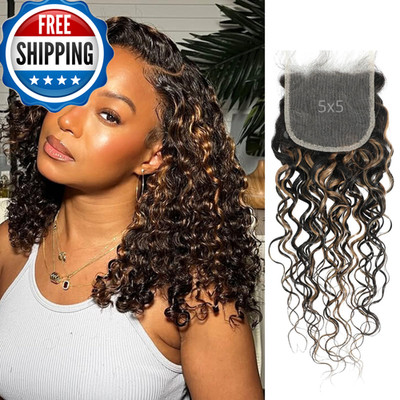 Alher Highlight Ombre 5X5 Hd Lace Closure Water Wave F1B/27 Black And Blonde