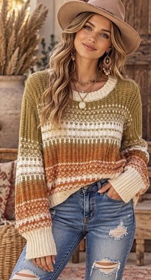 MYSTREE Knit Sweater In Warm Olive, Rust And Cream Tones With Ribbed Trim, S