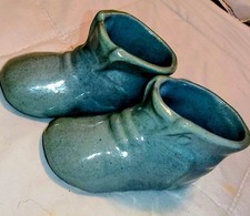 Lot of 2 Baby Shoe Studio Blue Ceramic Shoe  Glossy Baby Shoes Pottery Planters