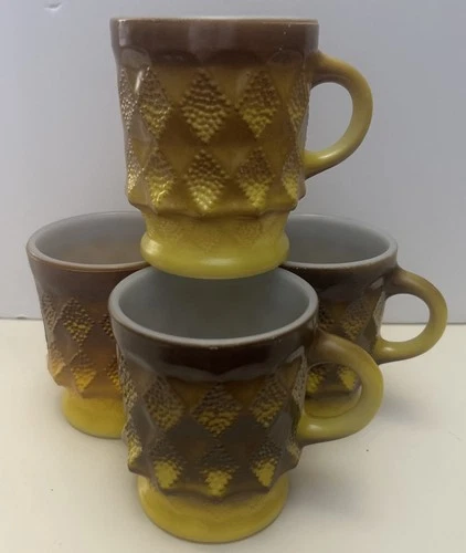 Vntg set of 4 Anchor Hocking Fire King Brown Yellow Ombre Coffee Mug Kimberly EC